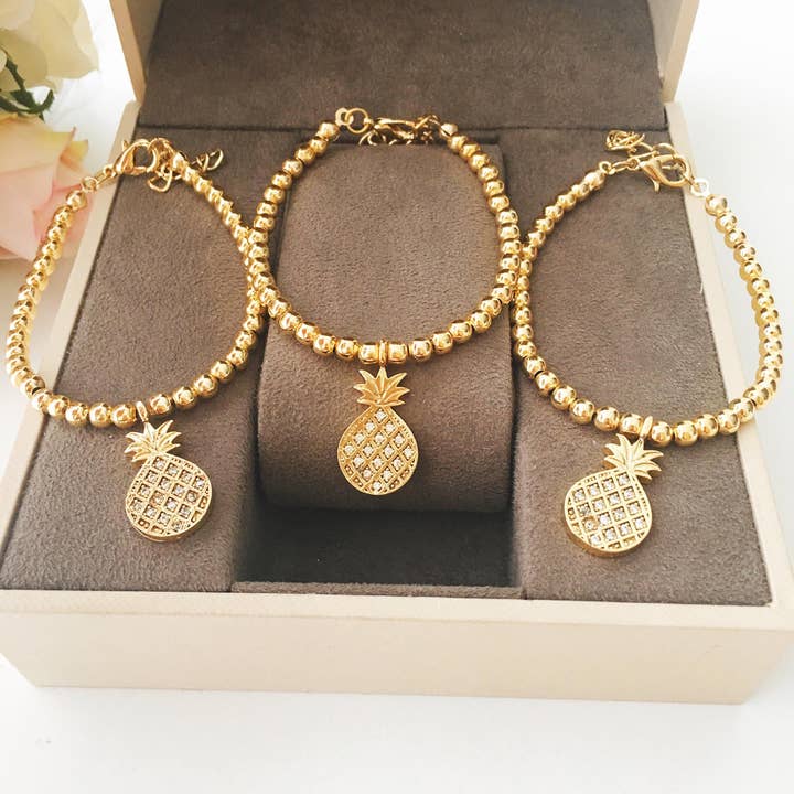 Evileyefavor - Venta al por mayor Pulseras de abalorios/colgantes - Pulsera con dijes de piña, pulsera de cuentas de oro, joyería de verano
