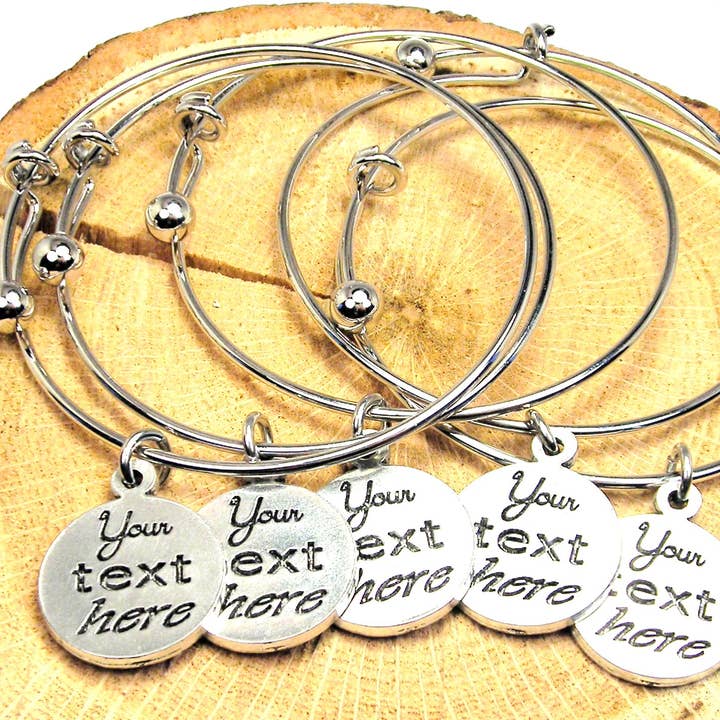 40 Custom text or logo Bangle Expandable Bracelet name drop for wholesale by Chubby Chico Charms