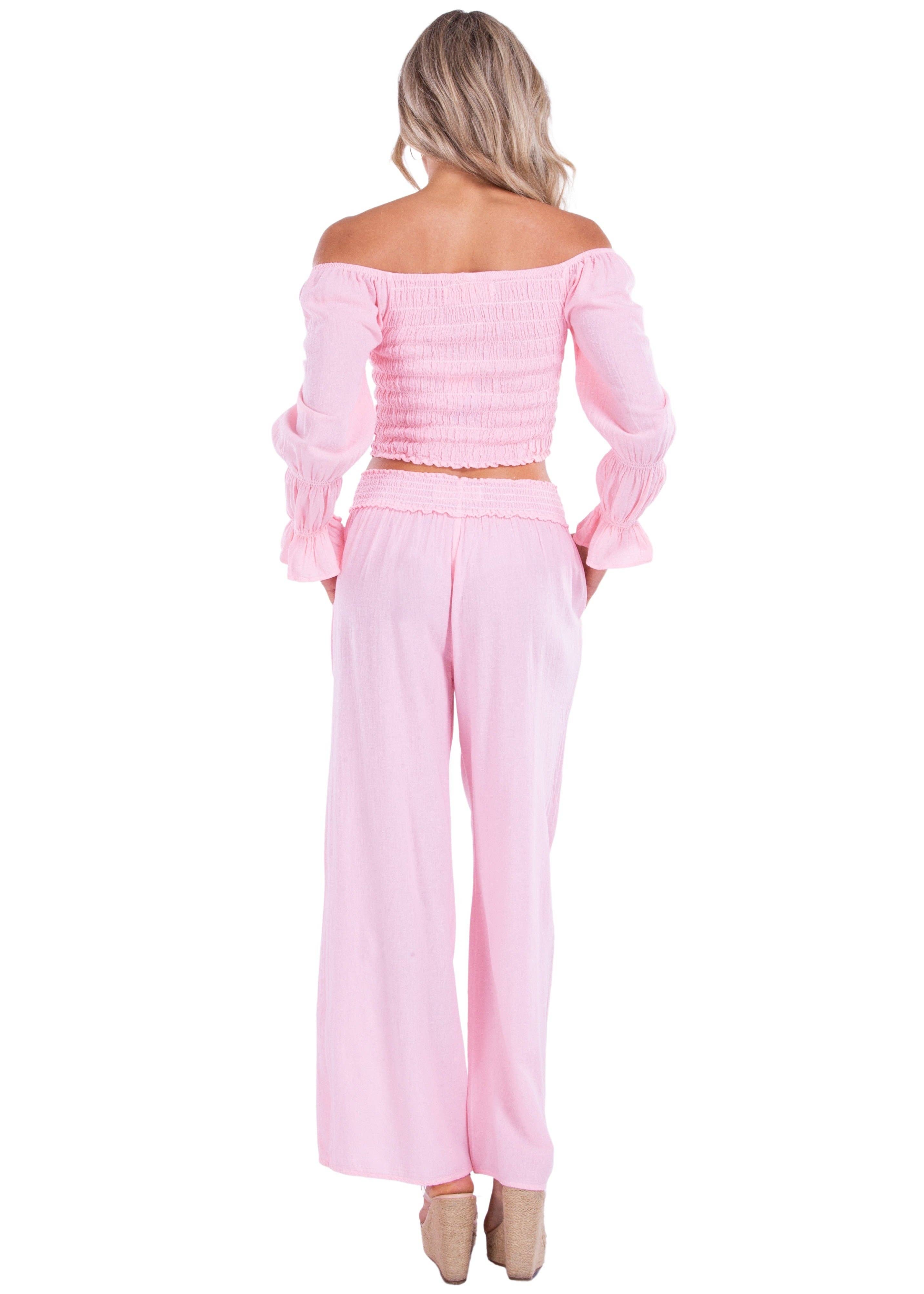 Smocked Waist Cotton Wide Leg Pants - Baby Pink for wholesale on Faire3