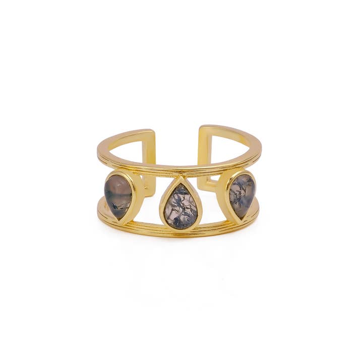 El Joyero - Wholesale Multi-Stone Ring - Moss Agate Three-Stone Ring Adjustable Gold-Plated Band Ring1