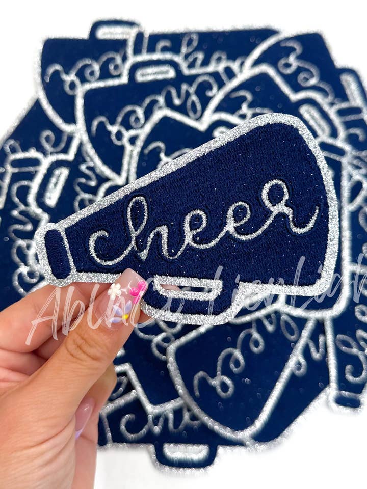 SILVER glitter navy cheer megaphone hat patches iron on for wholesale by ABLNco