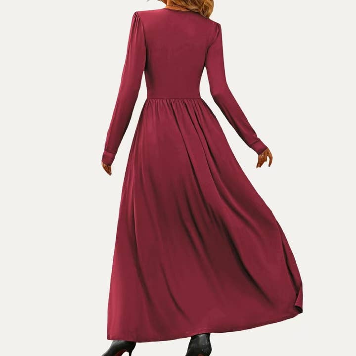 The Moment Collection - Wholesale Dress - Women's - Solid Soft Stretchy Plunging Neck Long Sleeve Maxi Dress3