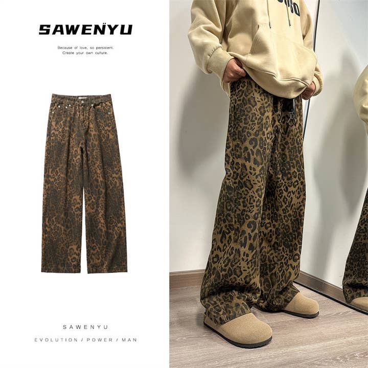 Leopard print jeans men's hiphop straight bootcut pants for wholesale on Faire