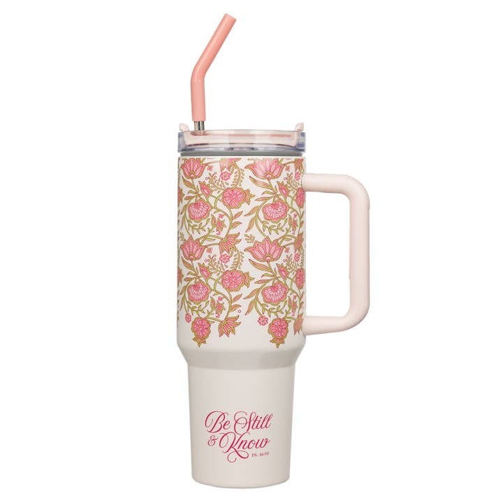 Christian Art Gifts - Wholesale Insulated Mug/Tumbler - Tumbler w/straw SS Pink Be Still Ps. 46:10