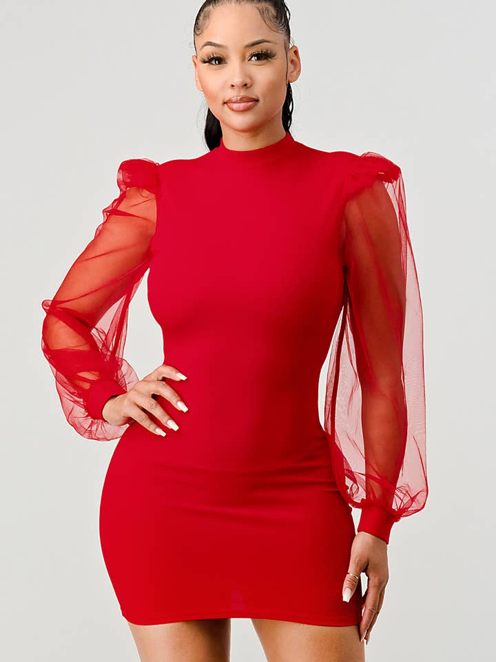 LUX CREPE MOCK NECK SHEER LONG SLEEVES MINI DRESS for wholesale by PRIVY