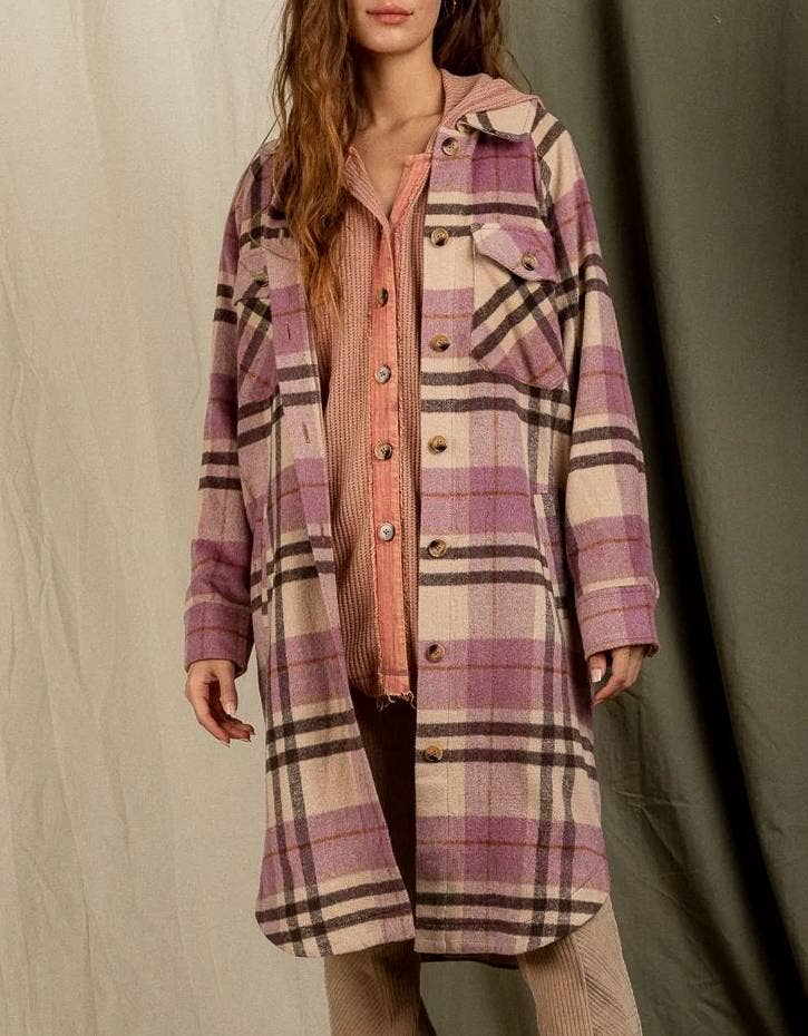 HIDDENBRAND - Wholesale Shirt Jacket/Shacket - Women's - Long Plaid Jacket With Large Lapel Pockets1