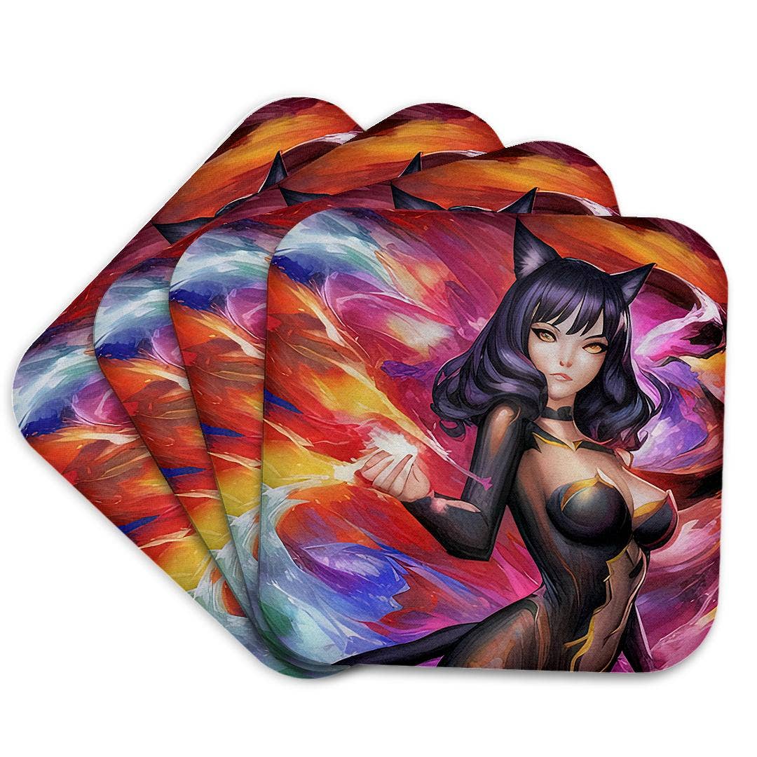 3dRose - Wholesale Coasters - 3dRose, Cat Woman. Charming brunette, black cat girl. The goddess of luck, Coaster7