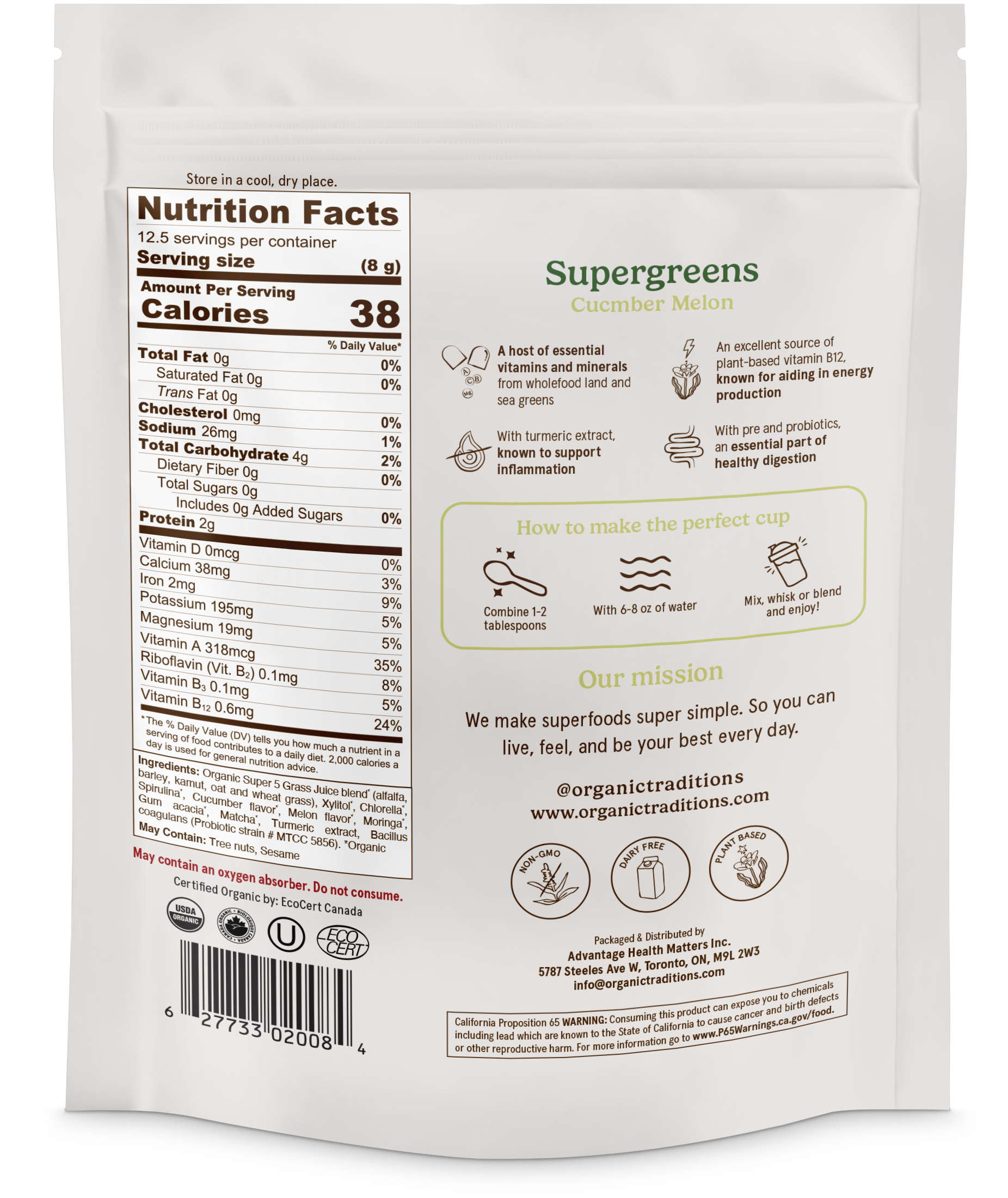 Organic Traditions - Wholesale Protein/Superfood Powder - Cucumber Melon Super Greens Powder1