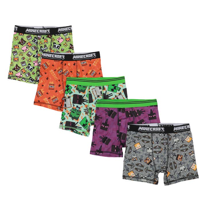 Youth Boys Minecraft Boxer Brief Underwear 5-Pack - Pixelated Comfort for Gamers for wholesale by Bioworld Merchandising