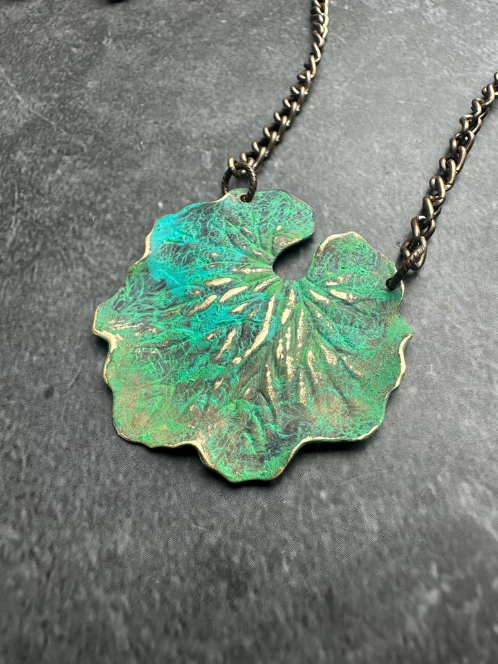 Brass Lily Pond Necklace - Green Hand Patina - custom length for wholesale by The Sunstone on Main