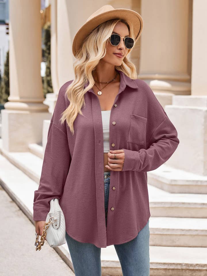 Lovesoft - Wholesale Button Down Shirt - Women's - Women's Casual Loose Pocket Waffle Fashion Shirt3