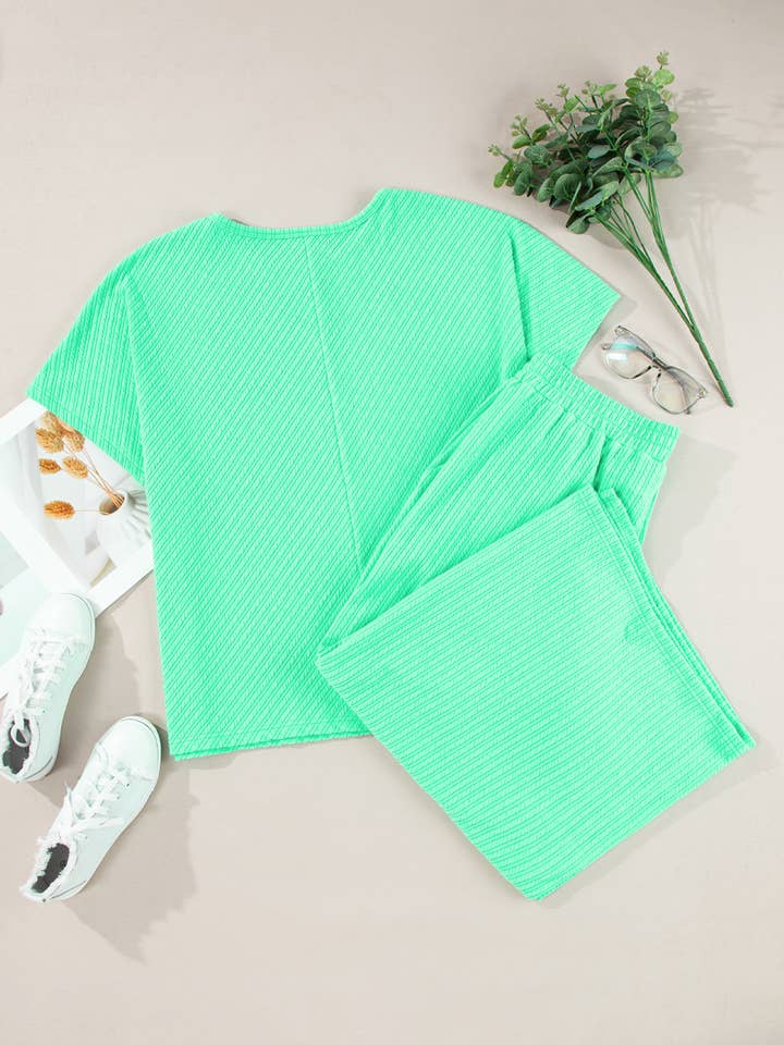 FULL TIME PURCHASE - Wholesale Lounge Set - Women's - Textured Batwing Sleeve Tee Wide Leg Pants Plus Size Set8