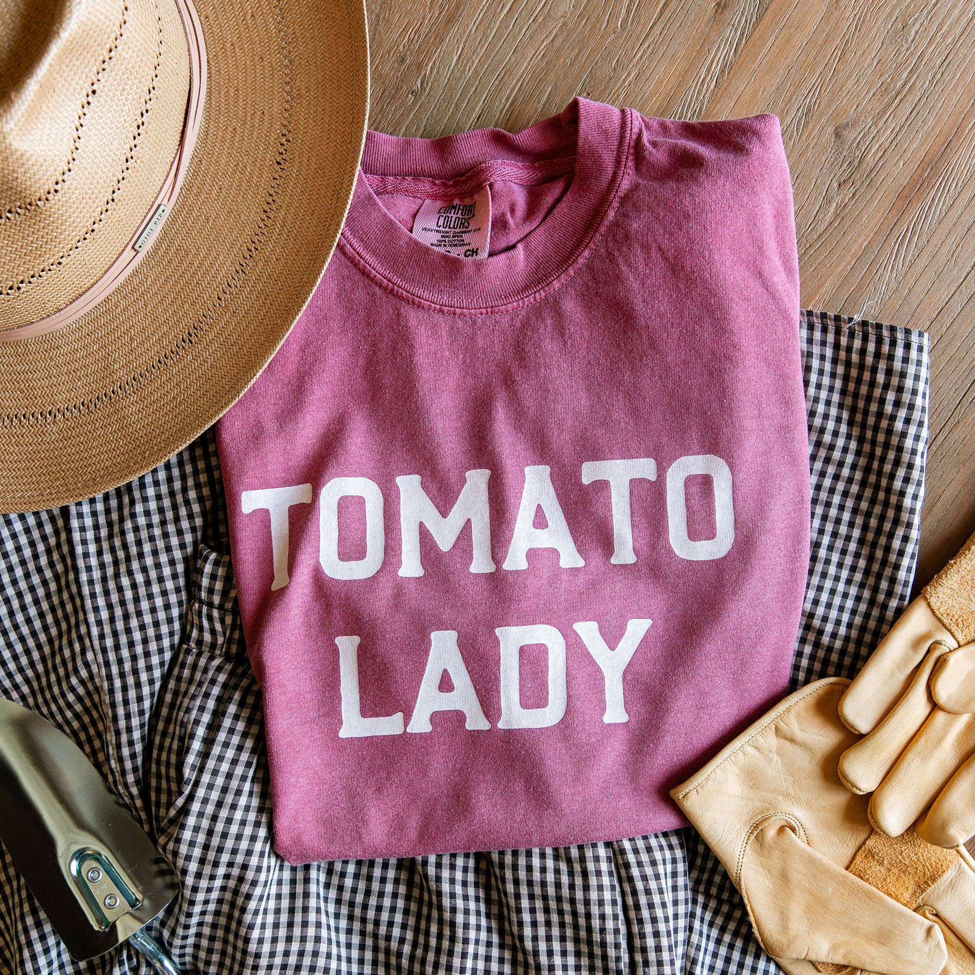 Paper Farm Press - Wholesale Screen Printed T-Shirt - Women's - Tomato Lady Tee - Crimson0
