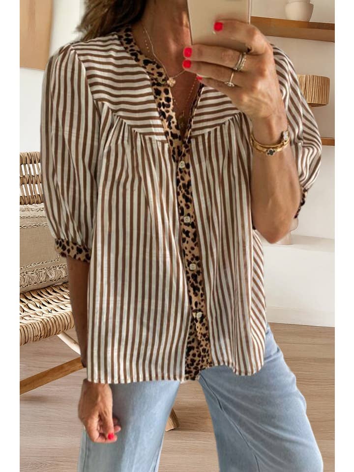 Brown Leopard Trim Button Down Stripe Half Sleeve Shirt (S-XL) for wholesale on Faire