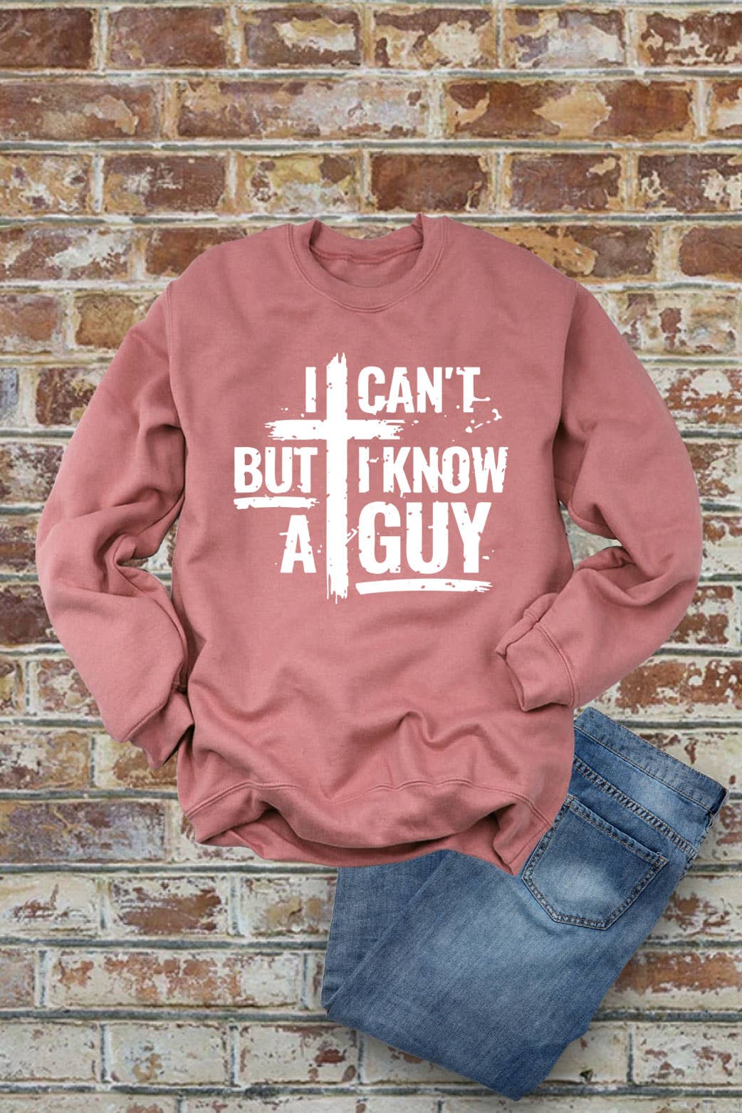 Top Avenue - Wholesale Graphic Sweatshirt - Women's - I Cant But I Know A Guy Distressed Cross, Unisex Crewneck Sweatshirt6
