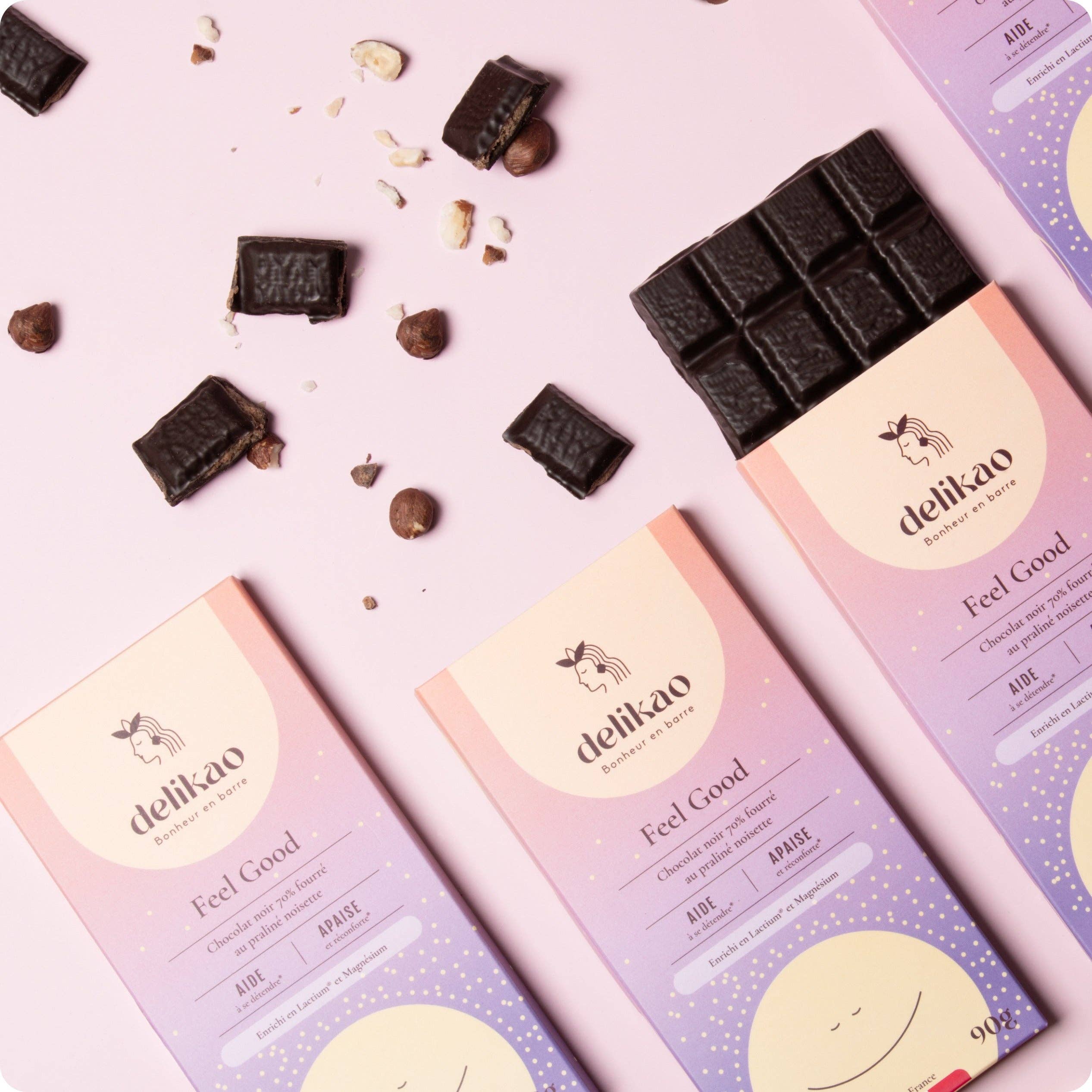 Delikao – Engroshandel Chokoladebar – Feel Good - Anti-stress chokolade med 70% hasselnøddepraliné4