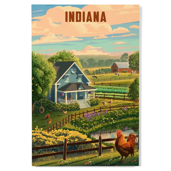 PREMIUM WOOD SIGN Indiana, Lithograph, Farm Life for wholesale by Lantern Press