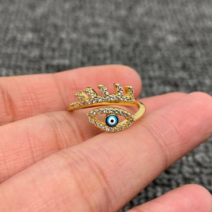 Mio Queena - Wholesale Cocktail/Statement Ring - Enamel Rhinestone Turkey Eye Evil Eye Golden Adjustable Rings14