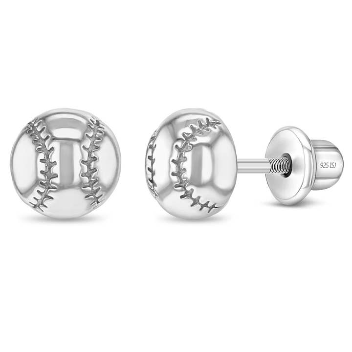In Season Jewelry - Wholesale Earrings - Kids - Polished Baseball Girl Screw Back Earrings - Sterling Silver