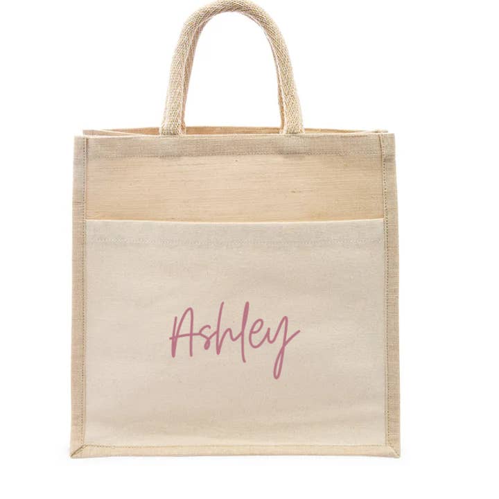 Weddingstar Inc. - Wholesale Tote Bag - Women's - Medium Woven Jute Tote Bag With Pocket - Script Font7