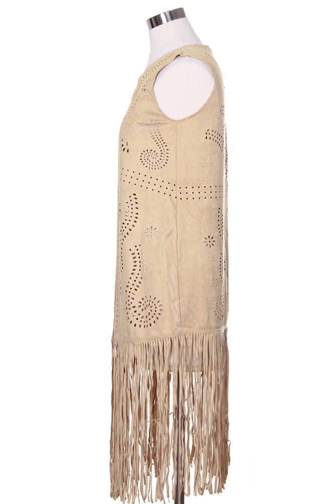 Hana - Venta al por mayor Chaleco de abrigo - Mujer - Chaleco de gamuza cortado con láser con estampado de hojas geométricas8