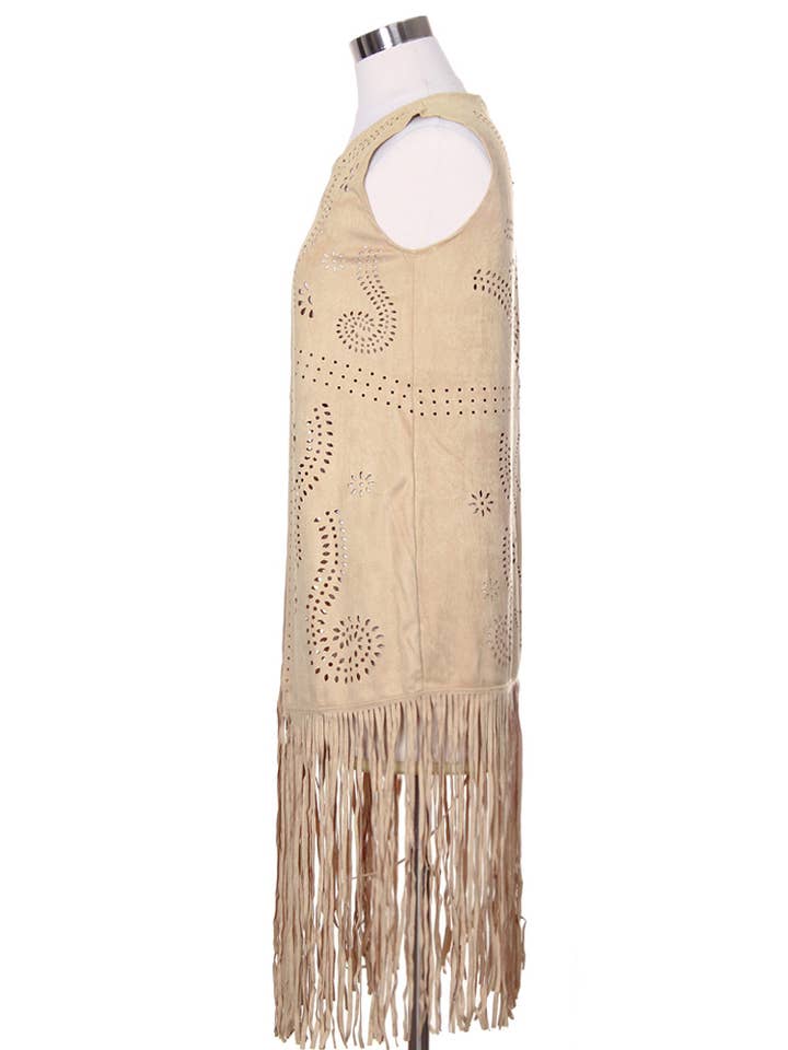 Hana - Venta al por mayor Chaleco de abrigo - Mujer - Chaleco de gamuza cortado con láser con estampado de hojas geométricas8