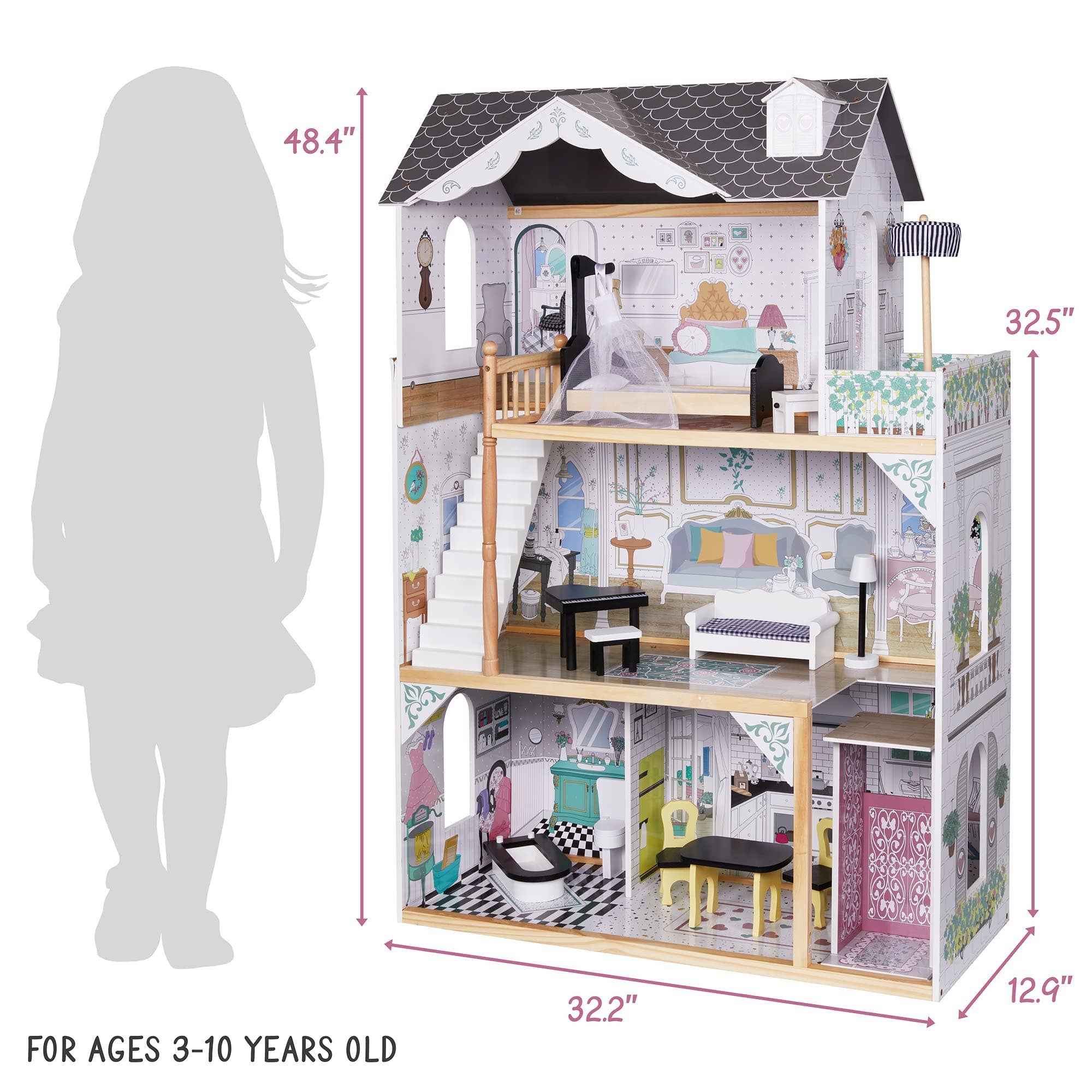 Jumbl - Wholesale Doll Accessory Kit - Kids - 3-Story Wooden Doll House Set W/Elevator, Balcony & Stairs7