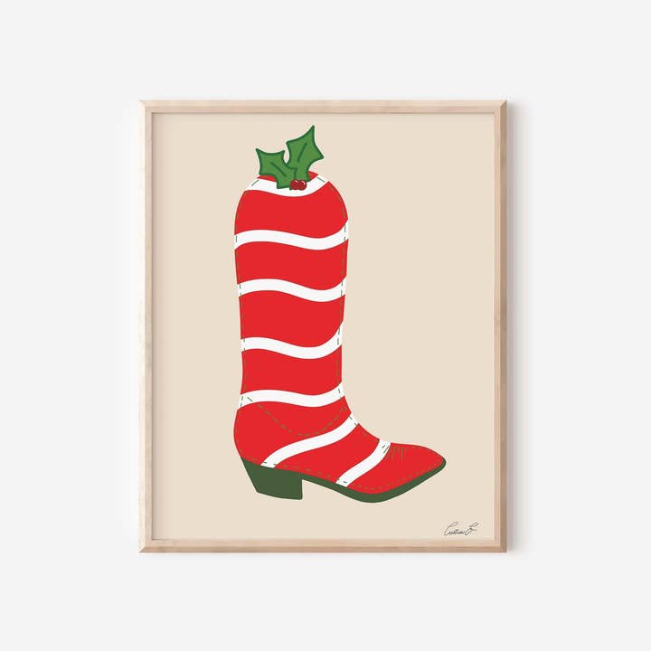 Peppermint Candy Christmas Cowboy Boot Wall Art Print for wholesale by Monstera Monday Shop