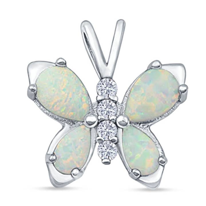 Ciondolo a forma di farfalla in opale bianco creato in laboratorio a forma di pera per la vendita all'ingrosso da parte di Blue Apple Imports