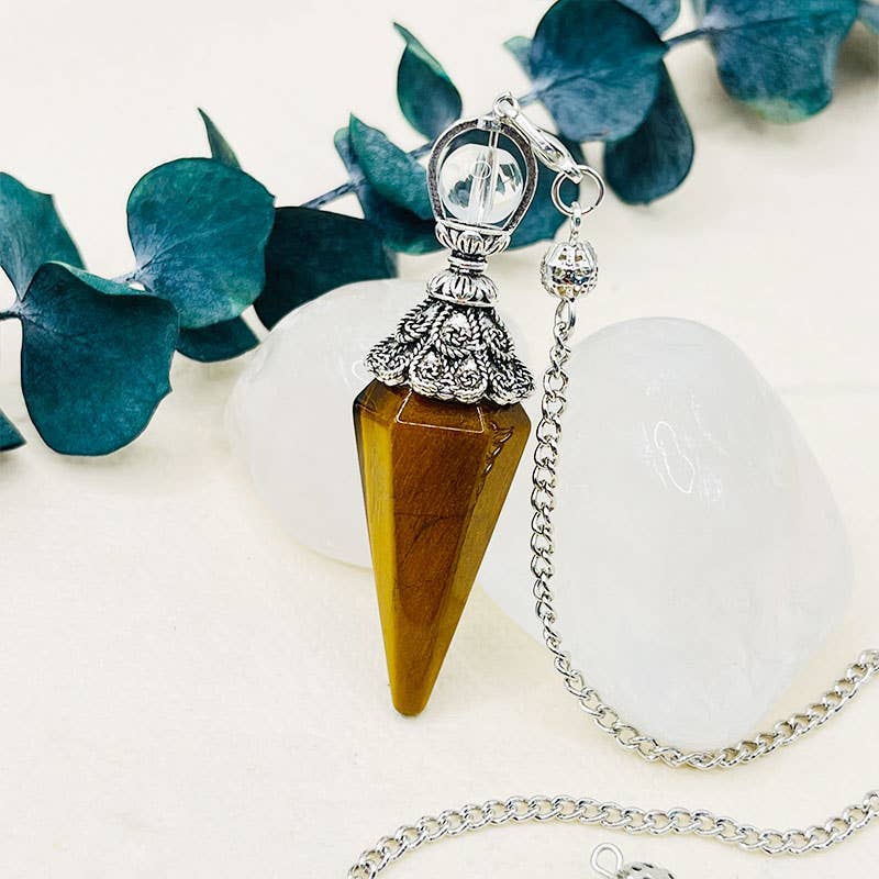 GemMeet - Vente Pierre et cristal de spiritualité - Pendule à esprit hexagonal pyramidal en forme d'œil de tigre en améthyste10