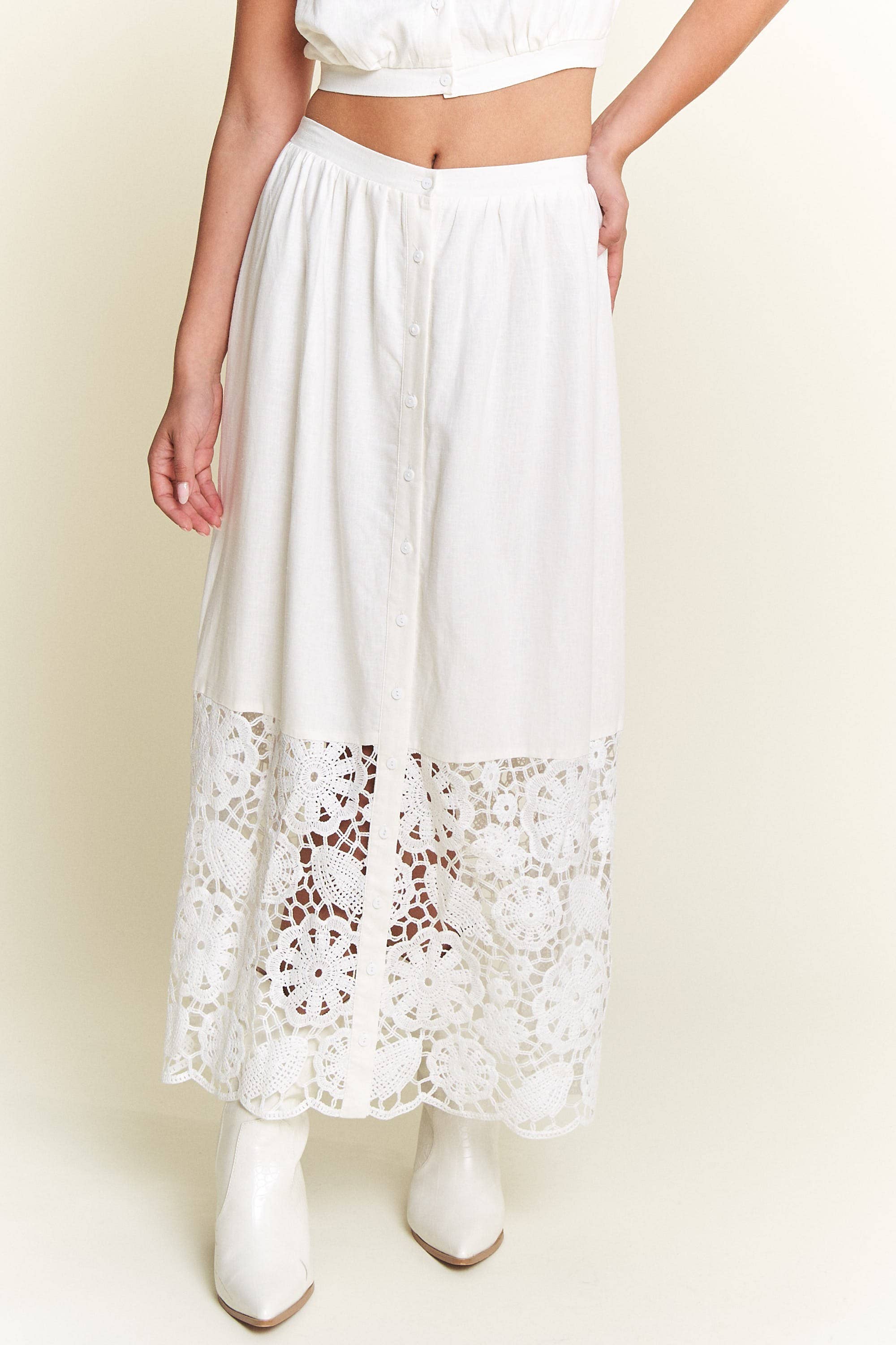 Ivory Lace Detail Button Down Long Skirt for wholesale on Faire6