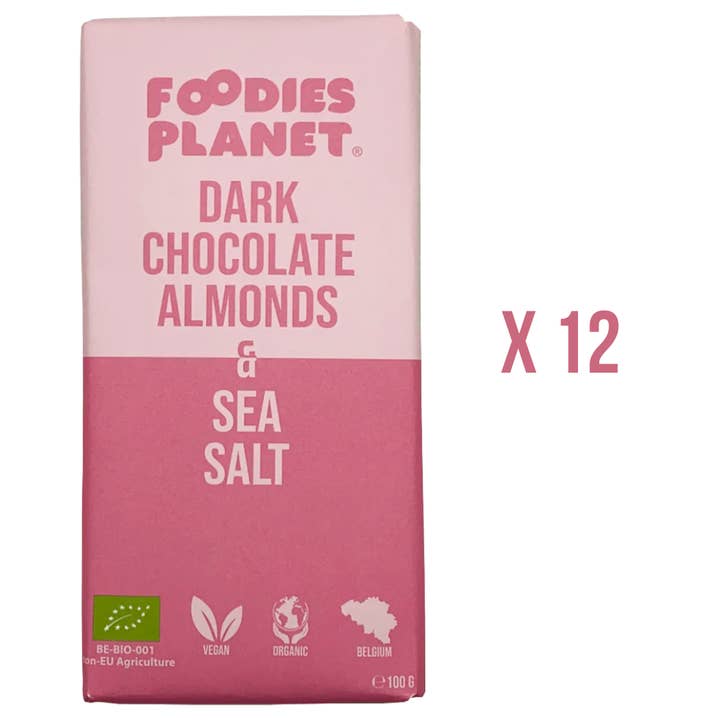 FOODIES-PLANET® Chocolat noir, amandes et sel de mer 12x100g pour la vente par FOODIES-PLANET®