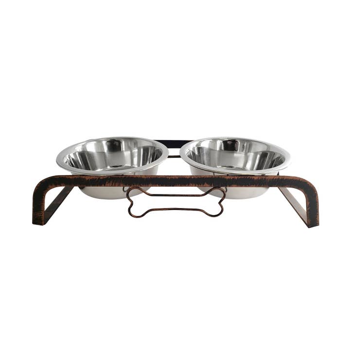 Jojo Modern Pets - Wholesale Pet Bowl - Cat/Dog - Rustic Elevated Dog Bone Feeder with 2 Stainless Steel Bowls