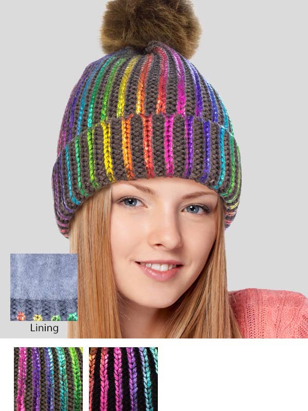 Fuzzy Lining Knitted Metallic Hat With Fur Pom for wholesale by Suzie Q USA