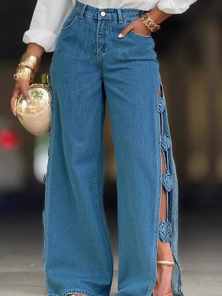 Jeans de Perna Larga Estilosos com Detalhes de Botões por atacado de Mccolin