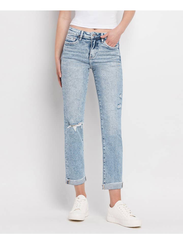 BLUE BLISS TUMMY CONTROL HIGH RISE CUFF SLIM STRAIGHT JEANS LV1302 for wholesale on Faire