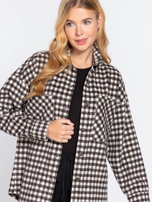 Ivy Cream brown Long Sleeve Brushed Plaid Oversized Jacket for wholesale on Faire