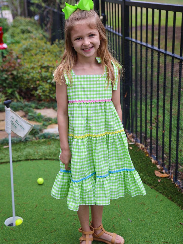 Posh Pickle - Wholesale Dress - Kids - Fore! Girls' Tie Shoulder Gingham Tiered Dress