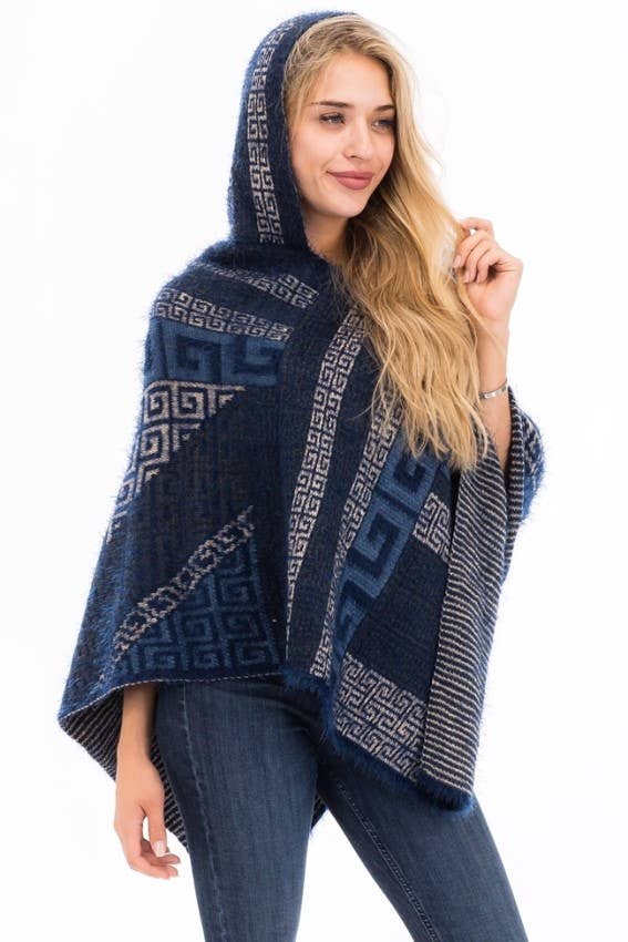 Cap Zone - Vente Poncho – femme - Poncho à capuche en faux angora Greek Key10