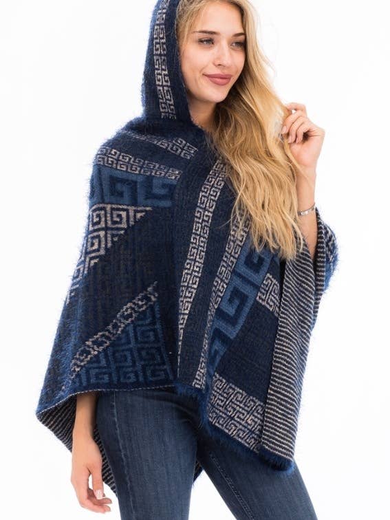 Greek Key Faux Angora Hooded Poncho for wholesale by Cap Zone