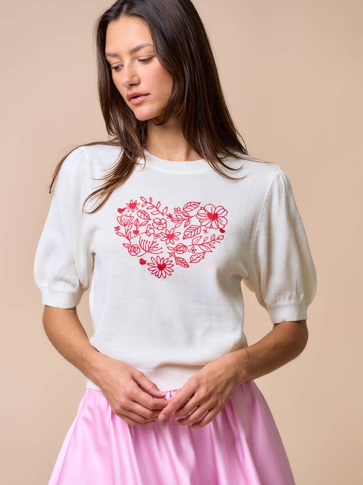Valentine Floral Heart Embroidered Knit Shot Sleeve Top for wholesale by Lalavon