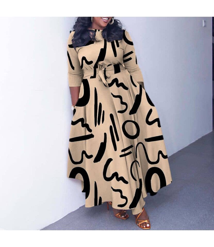 pinkblu02 - Wholesale Dress - Women's - Elegant Lace-Up Long Sleeves All Over Print Dresses0