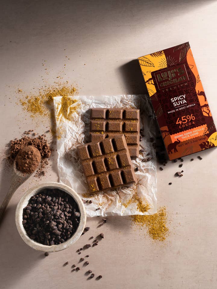 Suya-Spiced Milk Chocolate for wholesale by Luji's Chocolate