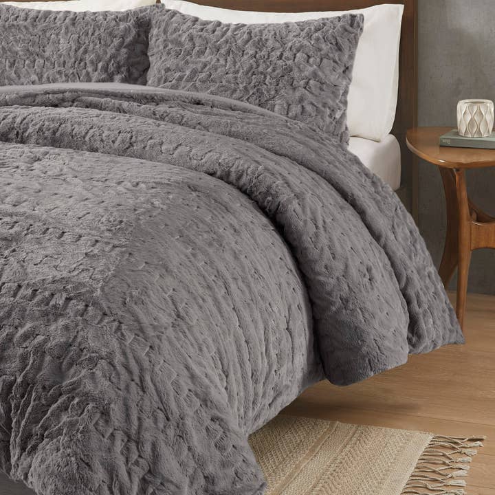 Olliix - Wholesale Bedding Set - Ruched Faux Fur All-Season Comforter Set, Grey