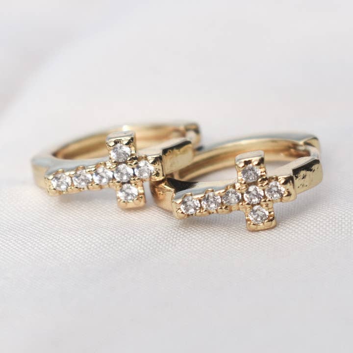 Gold Cross Huggie Earrings for wholesale by Dainty Wishes Jewelry