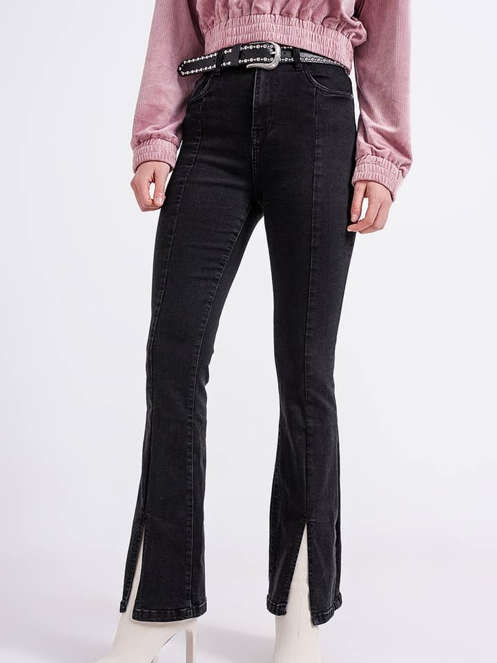 Flare black jeans with split hem for wholesale on Faire