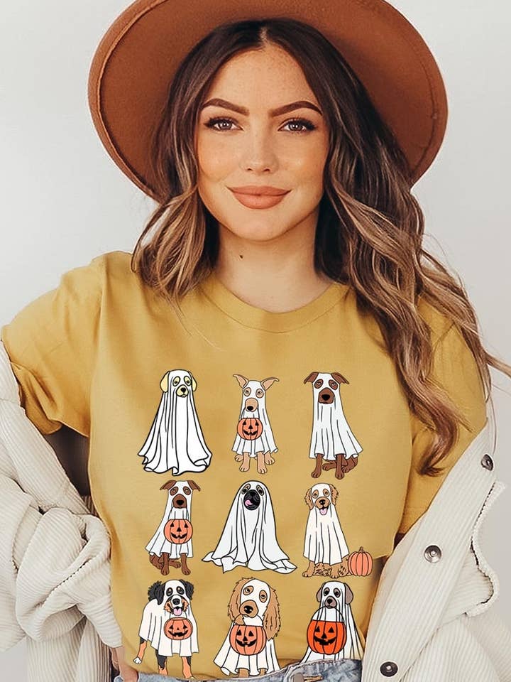 Halloween spøgelseshund grafisk plus t-shirt for engroshandel hos Pink Irene Wholesale