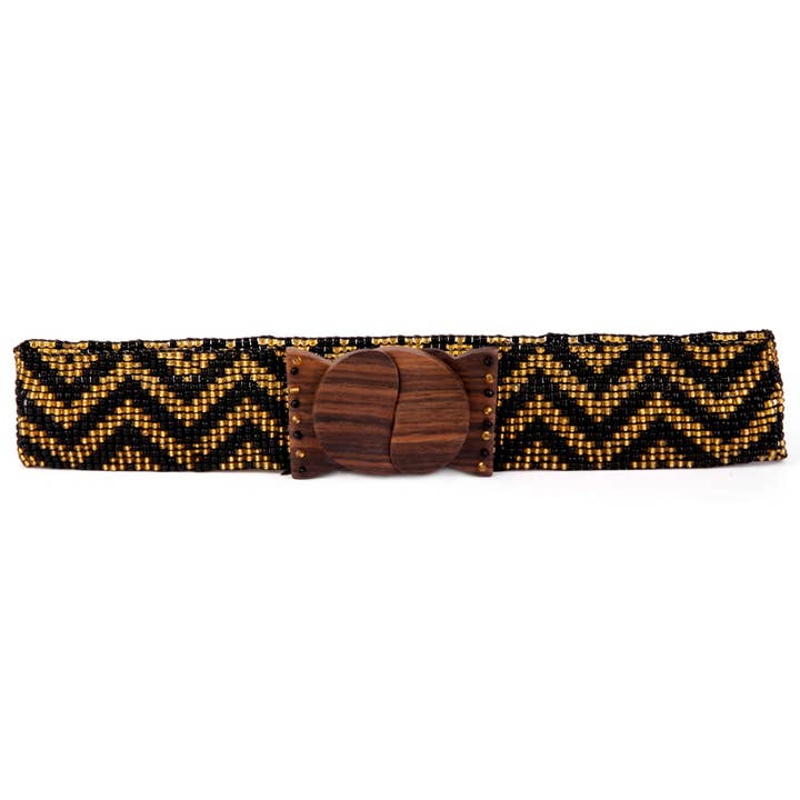 Game Day belt hand loomed glass bead black & gold chevron for wholesale by Erik & Mike