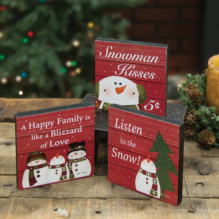 The Hearthside Collection - Wholesale Decorative Tabletop Object - Snowman Kisses Decorative Tabletop Blocks, 3 Assorted