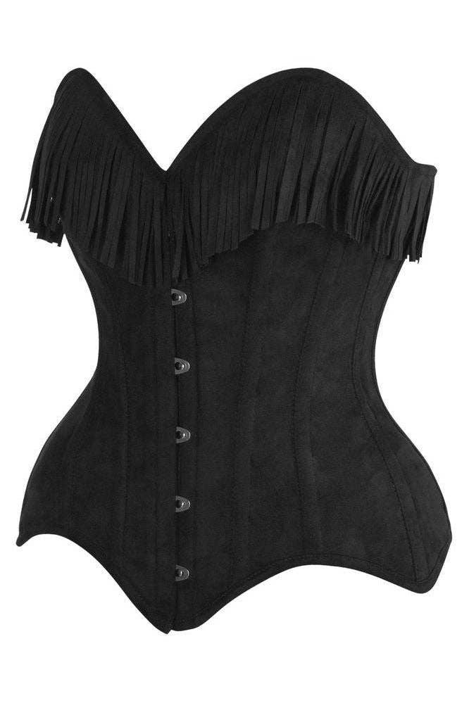 Daisy Corsets - Wholesale Corset - Women's - Top Drawer Black Suede Steel Boned Overbust Corset w/Fringe8